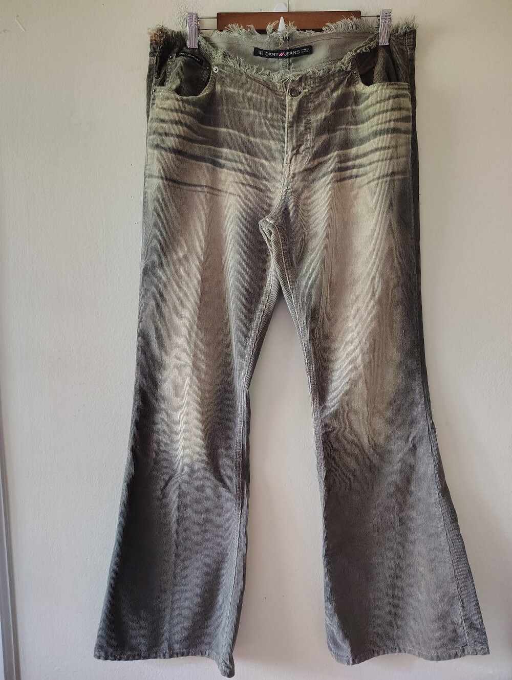Vintage DKNY Jeans Gray Corduroy Low Waist Rise Flare Jeans 13 Distressed Y2K
